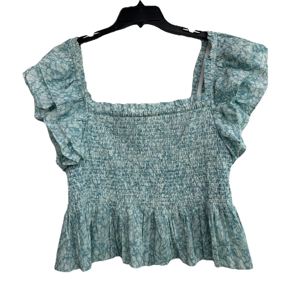 Love The Label Womens Smocked Peplum Hem Blouse Blue Size XL Short Sleeve Ruffle